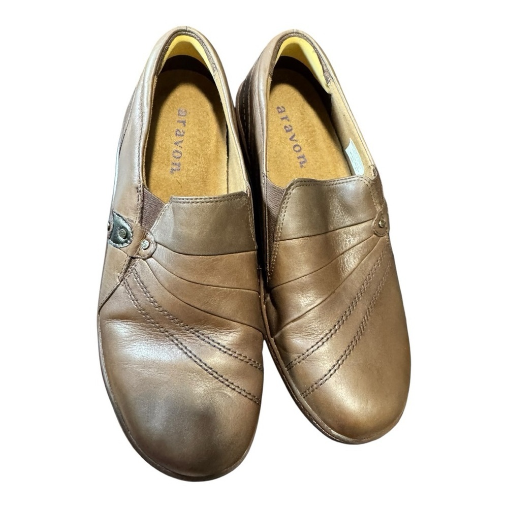 Aravon Brown Leather Ruched Comfort Slip-On Shoes Size 9.5